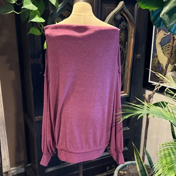 Free People deep earthy burgundy mauve. Oversized ribbed boat neck pull over. - Picture 10 of 15